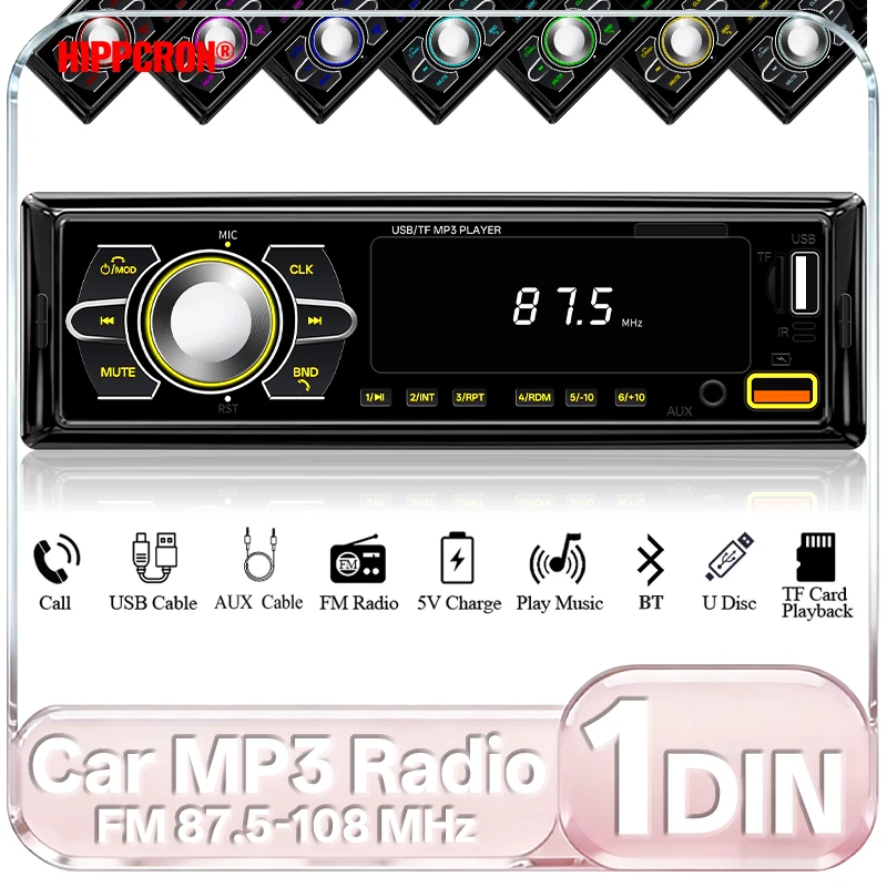 HIPPCRON Car MP3 Player Supports Wireless Call Connection with 7 Color Light Adjustment Stereo for FM 87.5-108MHz 1DIN Bluetooth
