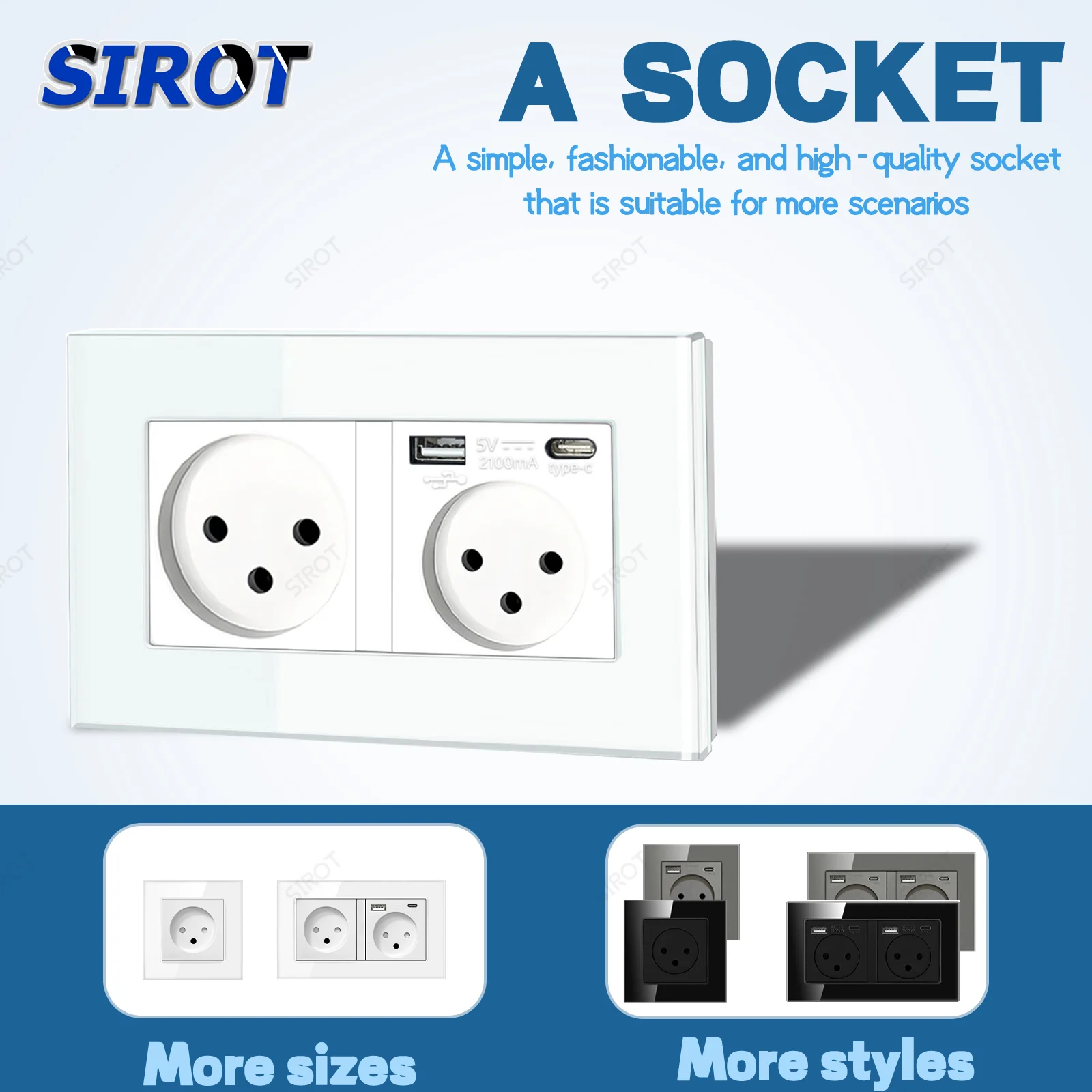 Imagen 3: SIROT Israel con toma de corriente USB tipo C, toma de pared estándar de Israel CA 230 V 50 Hz, panel de vidrio templado de 146 mm negro gris blanco