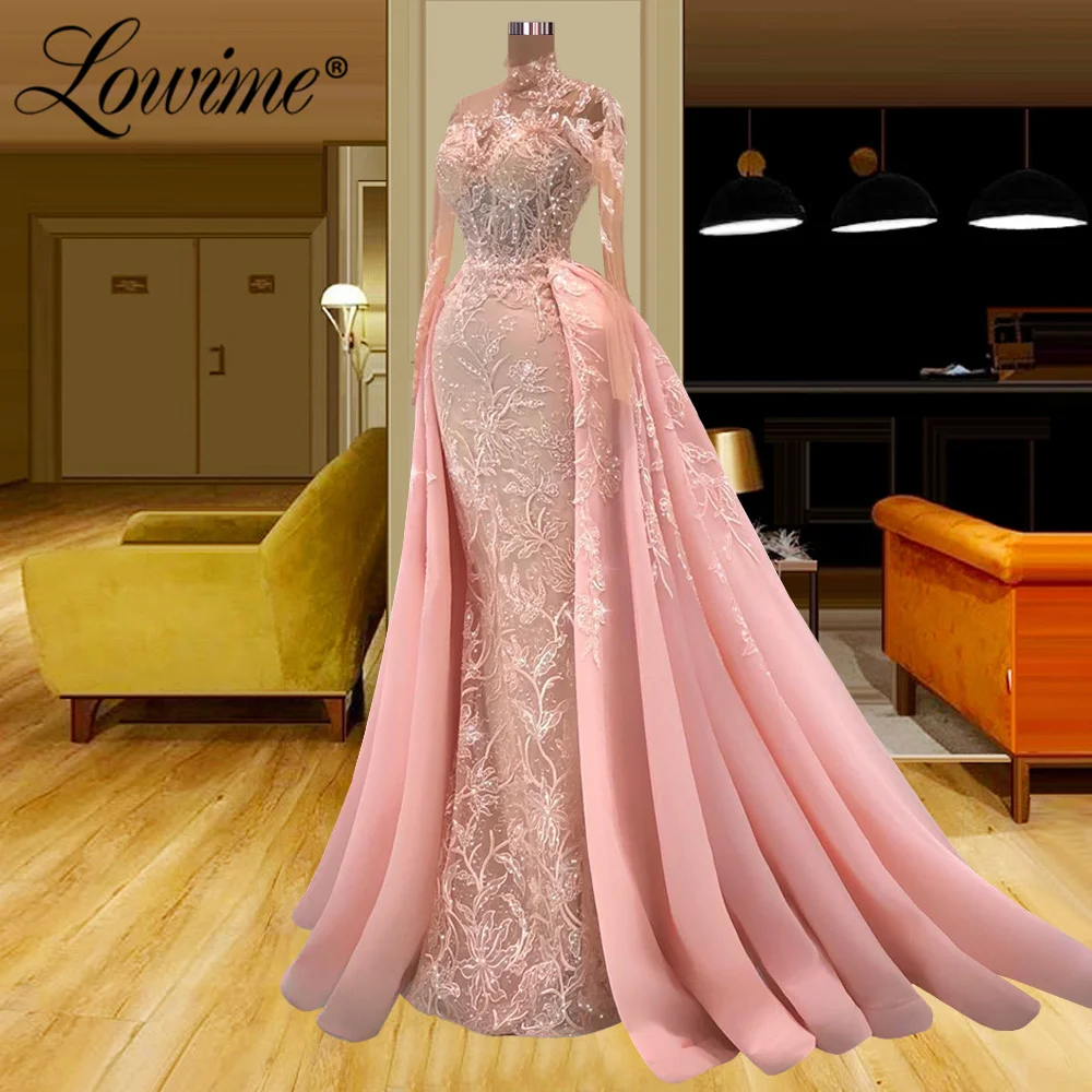 Lowime laço rosa alta pescoço dubai vestidos de noite mangas compridas árabe vestidos de festa para casamento sereia vestido de baile robe de soiree