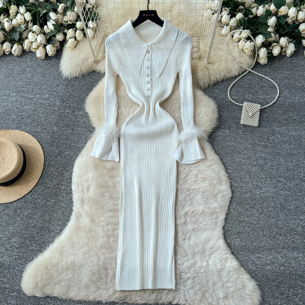 YuooMuoo Merk Mode Esthetische Gebreide Maxi Jurk Herfst Winter Vrouwen Luxe Shirt Trui Jurk Sexy Wrap Heupen Party Vestido