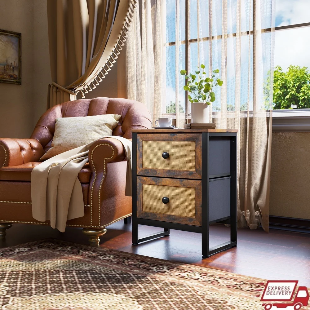 

Rustic Brown Rattan Nightstand with 2 Drawers Easy Assembly Durable Storage Bedside Table Living Room Bedroom Entryway