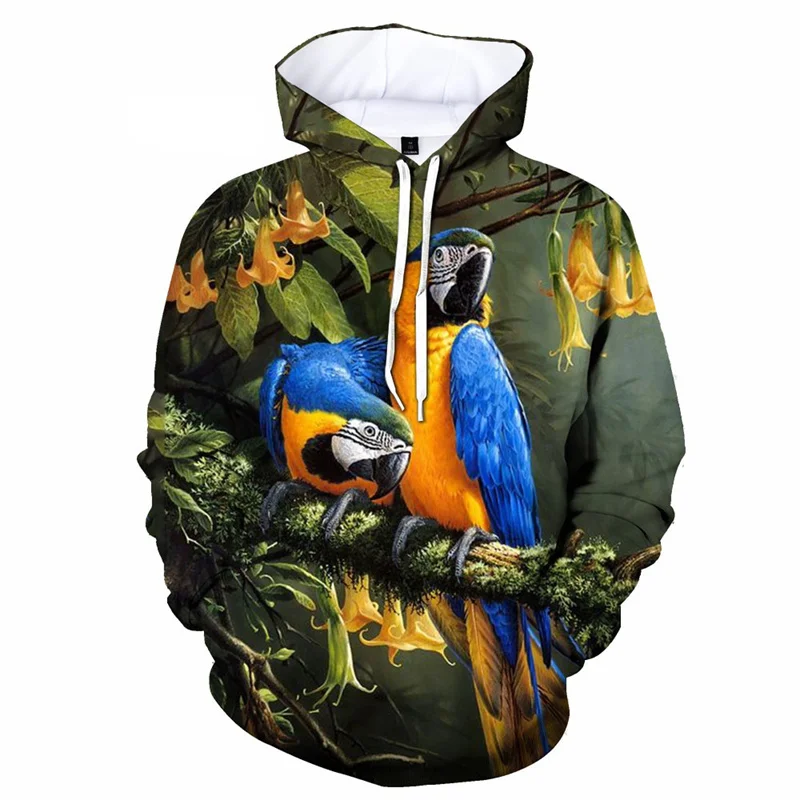 3D Print Cute Bird Parrot Hoodie For Men Funny Animal Pattern Sweatshirt Casual Harajuku Long Sleeve Loose Pullover Hoodies Tops