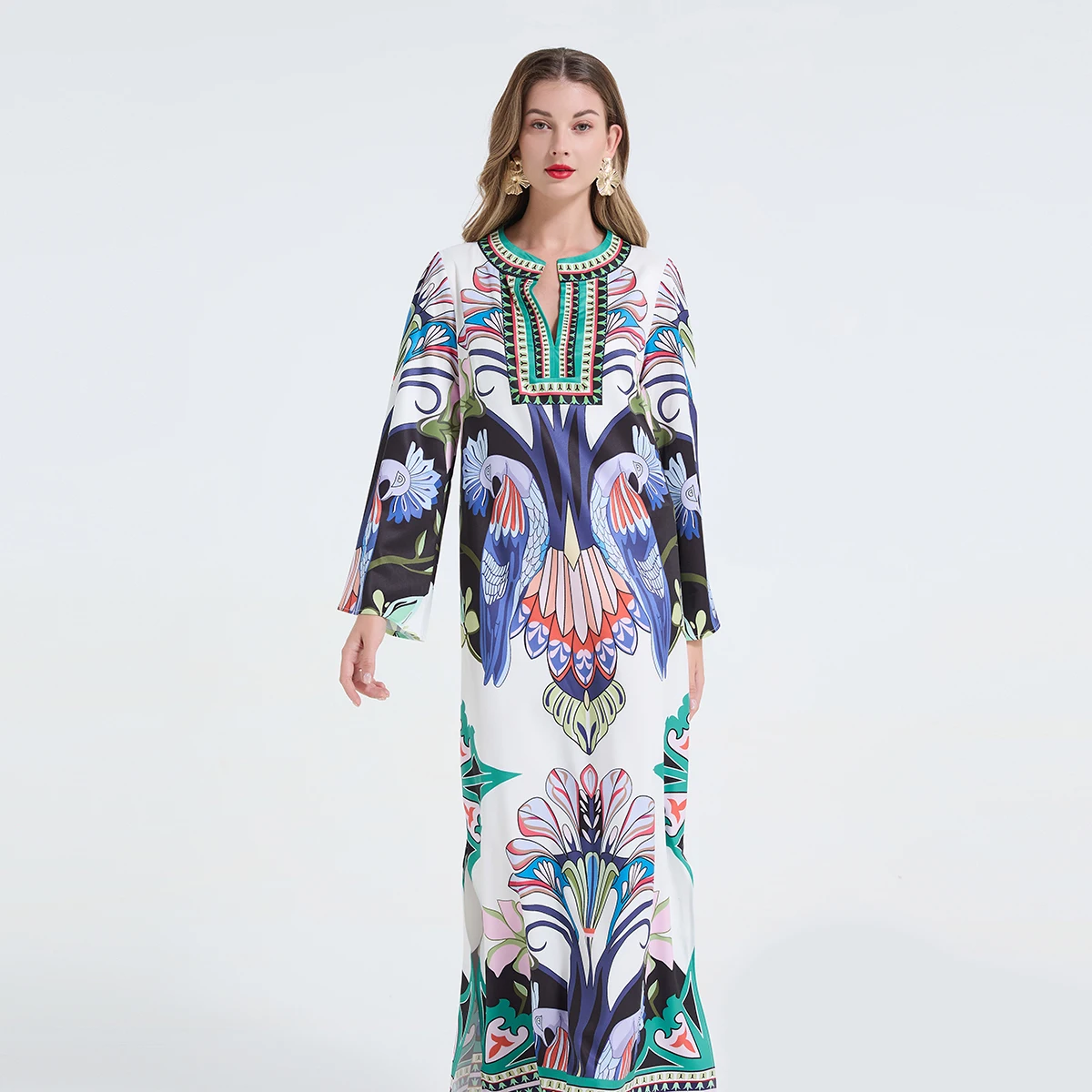 Fashion Runway Blue White Porcelain Floral Maxi Dress For Women Summer Autumn Long Sleeve Flower Print Dresses Lady Holiday