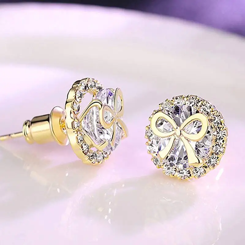 Huitan Ästhetische Damen-Ohrstecker mit Schleifen-Design, für Damen, Party, Hochzeit, elegantes Zubehör, goldfarben, modisch, schick, Schmuck, Geschenk