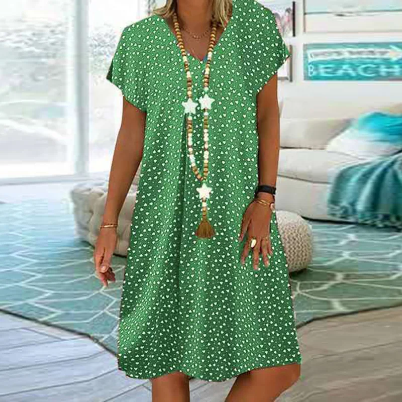 2023 Women Summer Dress Elegant Bohemian Loose V neck short sleeve heart printed dresses Ladies Clothing Beach Sundress