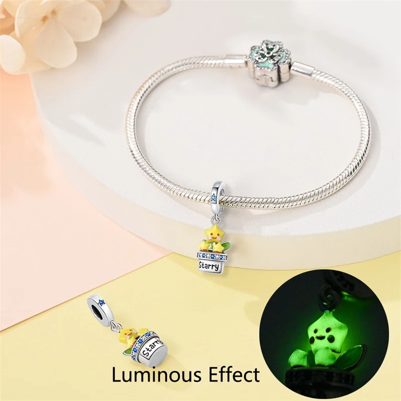 100% 925 Sterling Silver Luminous Star Cute Animal Charms Flowers Plants Beads Fit Pandora 925 Original Bracelets DIY Jewelry