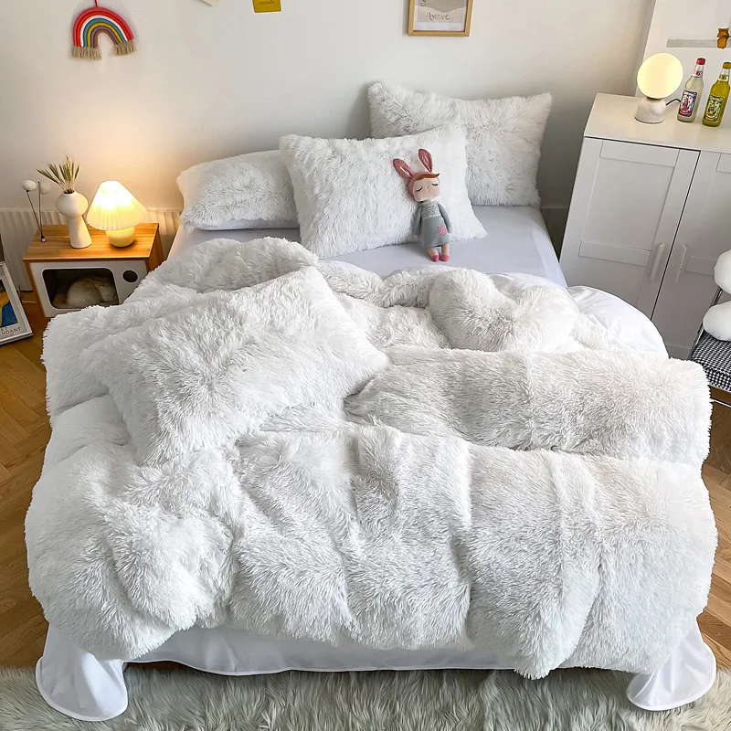 3/4pcs New Long Hair Bedding Set Flannel Fleece Duvet Cover Pillowcase Solid White Winter Warmth Bedclothes European Home Linens