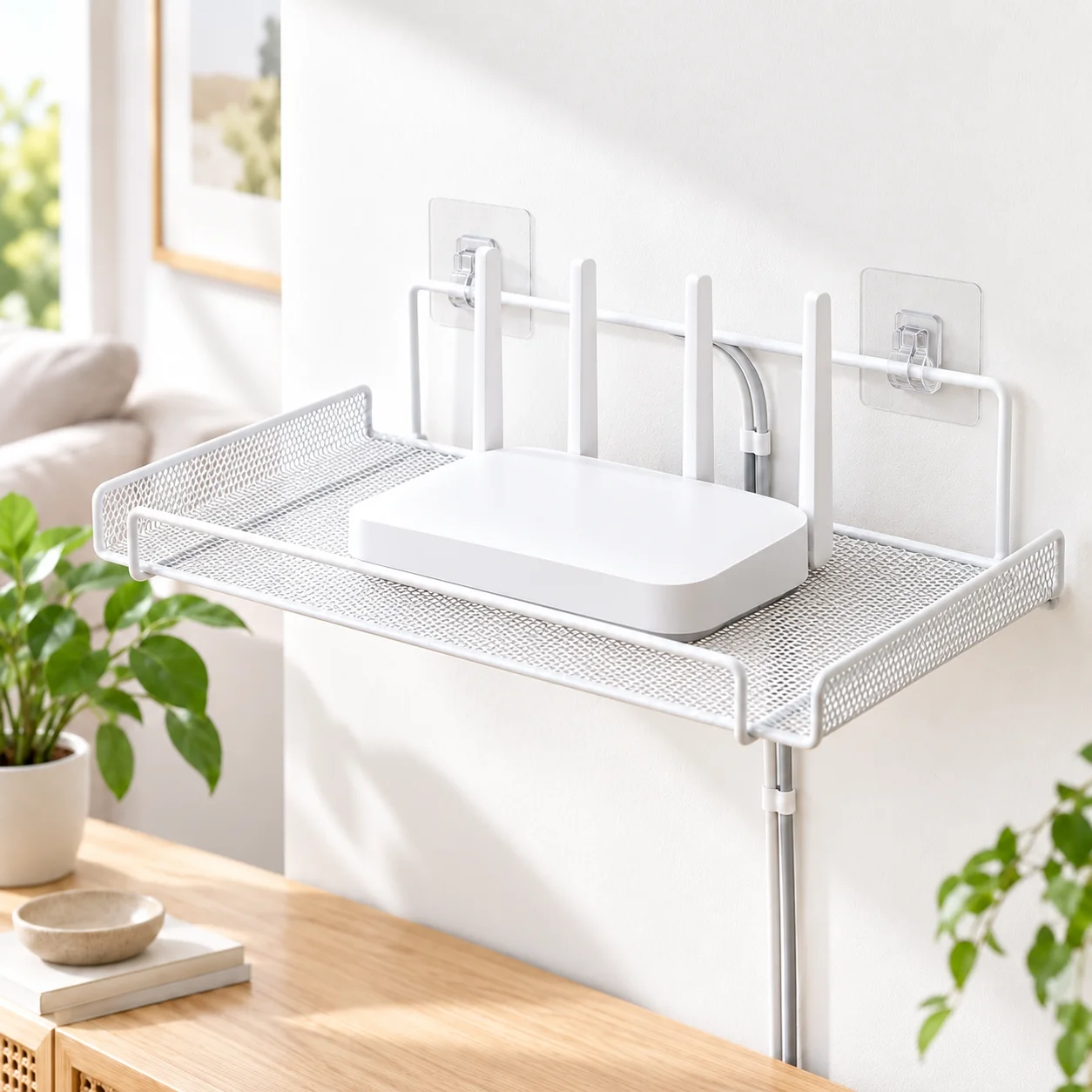 Stainless Steel Wall-Mounted Router Shelf No-Drill Space-Saving Organizer for TV Top Boxes Keys Small Items in Living Room