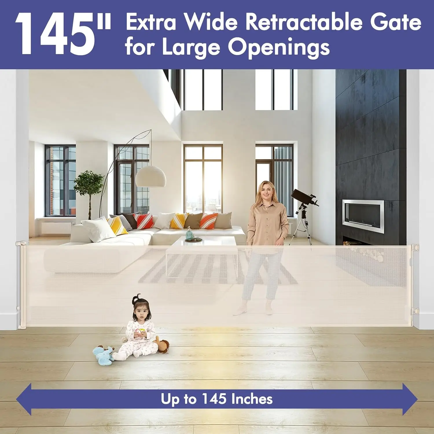 145 Inch Retractable Baby Gates Extra Wide Retractable Dog Gate For Large Openings – Indoor Extra Long Baby Gate Retractable