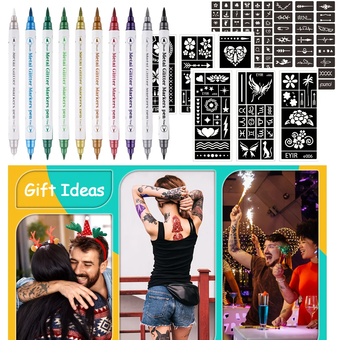 EYIR 10PCS Metallic Body Art Pens Dual Tip Temporary Tattoo Markers with Reusable Stencils Waterproof DIY Drawing Kit