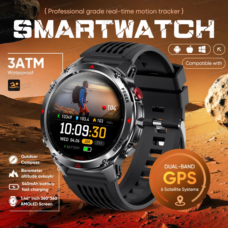 

2025 New T-Rex GPS Military Smart Watch 3ATM Waterproof Built-in 6 Satellites GNSS Compass Altitude Barometer Swim Smartbracelet