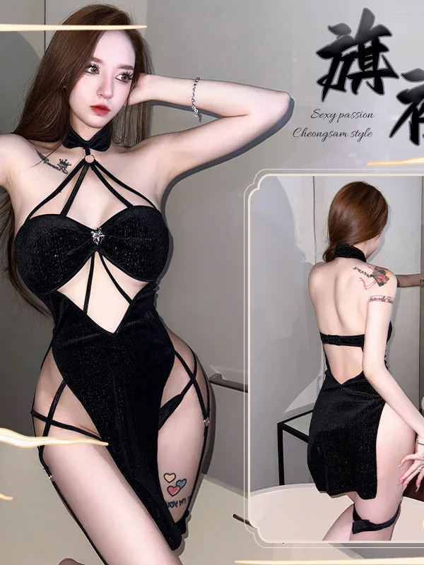 WOMENGAGA Sexy Playful Lingerie Hollow Out Hanging Neck Spider Split Cheongsam Dress Elegant Uniform For Women Top ZK7Y