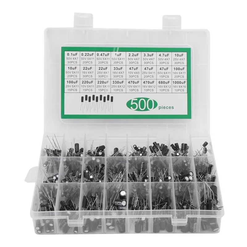 A set of 500 electrolytic capacitor classification boxes in 24 specifications, ranging from 0.1uF to 1000uF and 16V to 50V