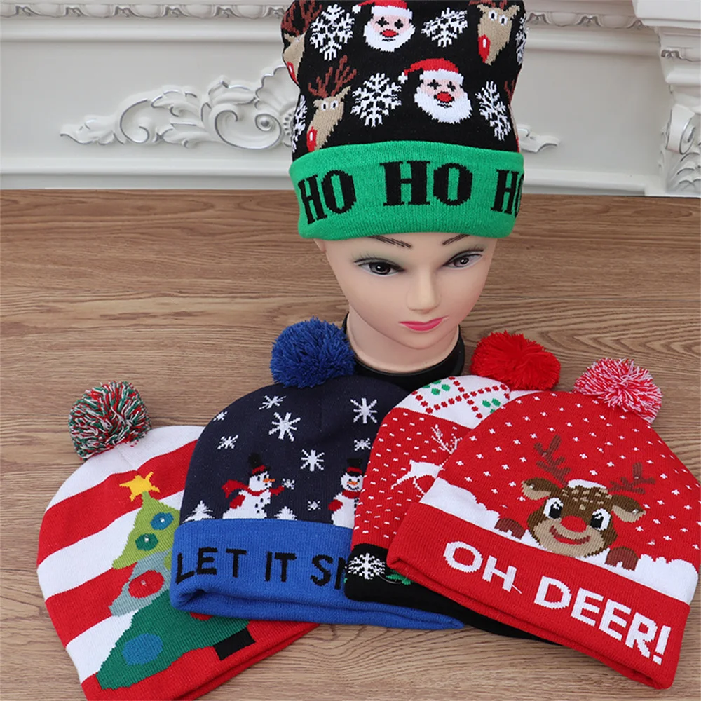 Christmas Hats Sweater Santa Elk Knitted Beanie Hat With LED Light Up Cartoon Pattern Xmas Gift For Kids 2023 New Year Supplies