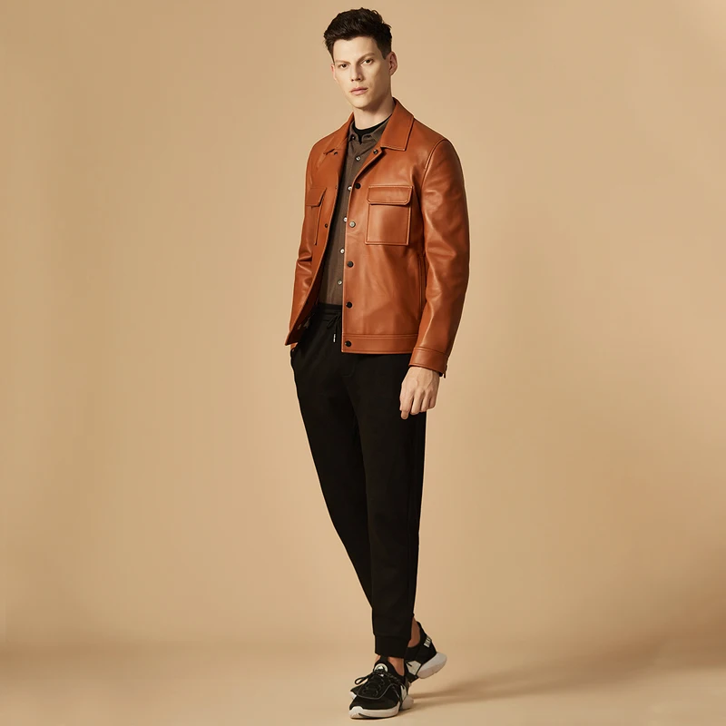 Brown Classic Sheepskin Men\'s Jacket 2024 Spring and Autumn New Product British Fashion Short Leather Custom Coat for men