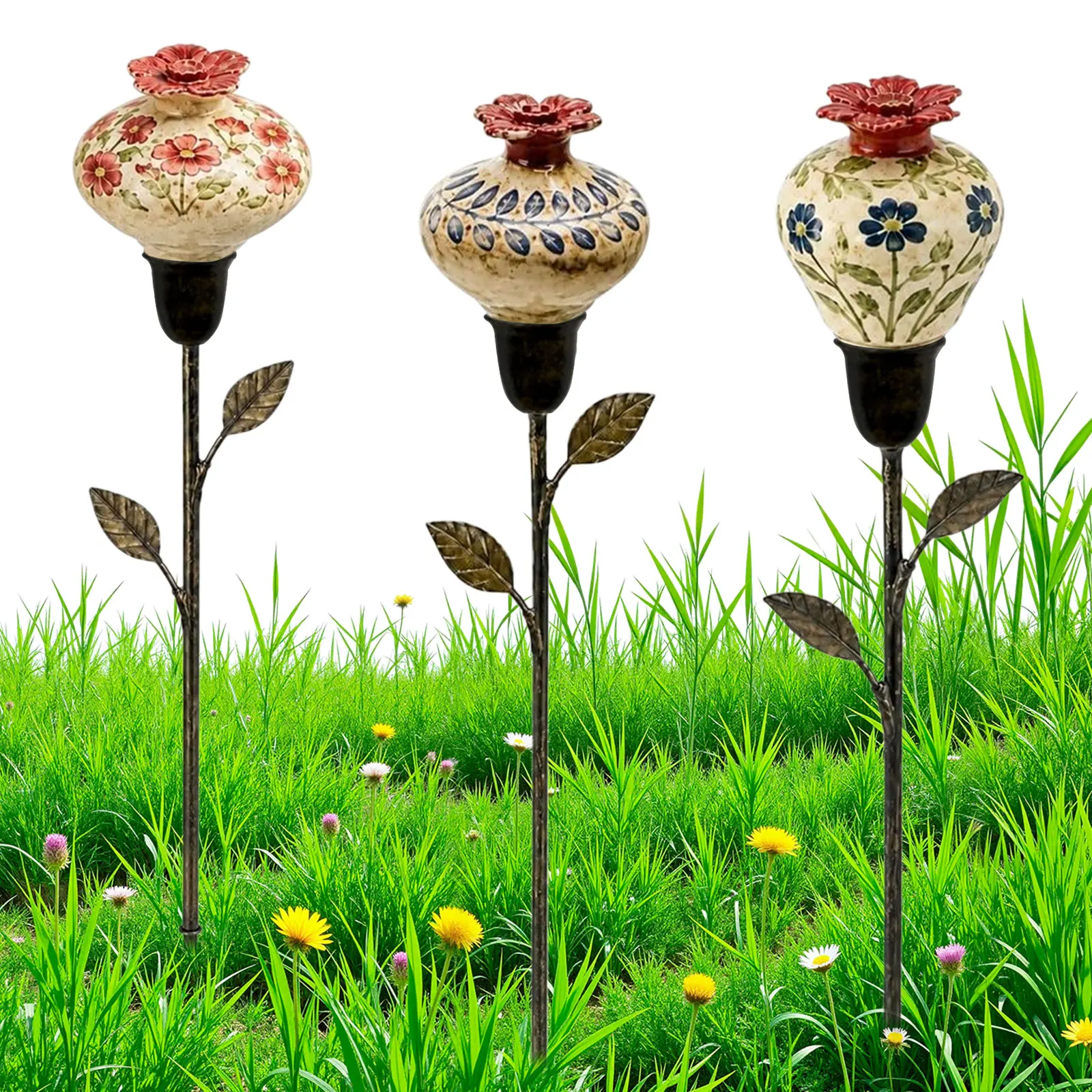 Vintage Rustic Metal Hummingbird Feeder Garden Stake Bee Watering Station Flower Design Outdoor Lawn Patio Decor