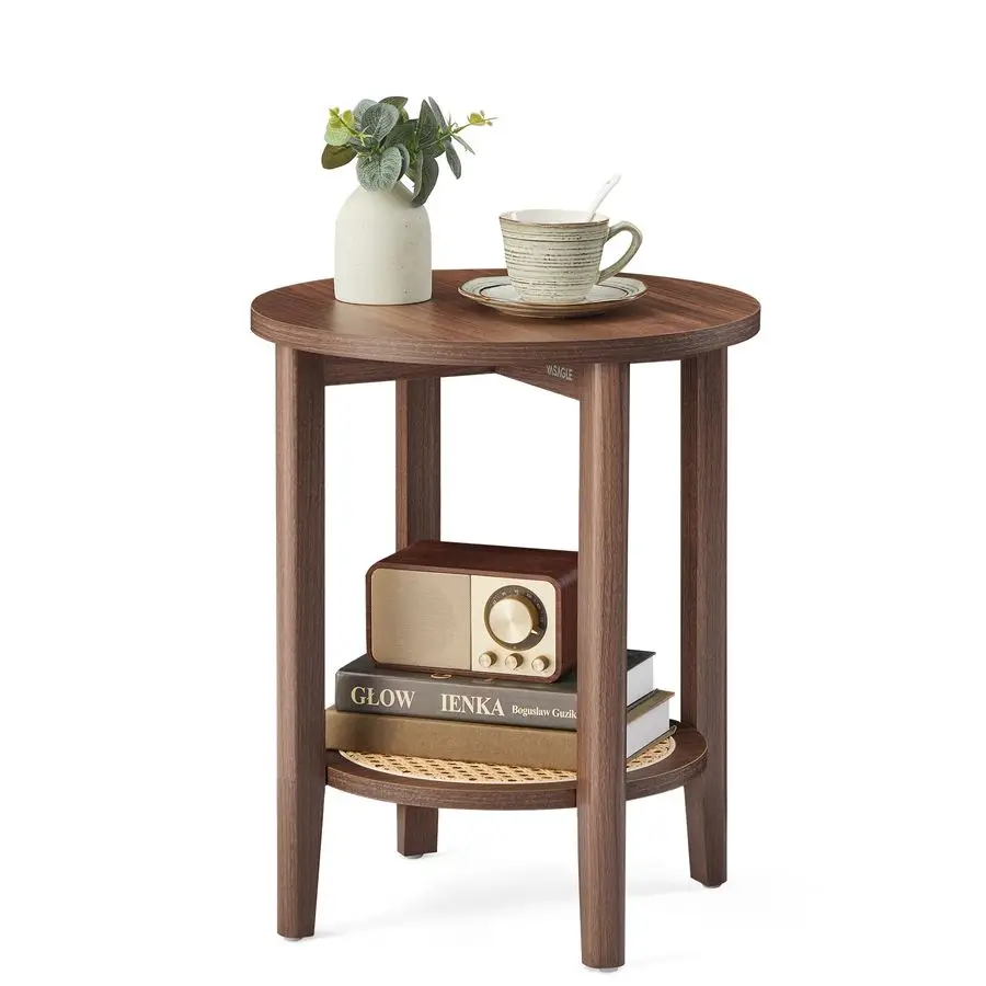 

Round Side End Table, 2Tier Boho Bedside Table with RattanLook Storage Shelf, Nightstand for Small Spaces, for Living Room, Bedr