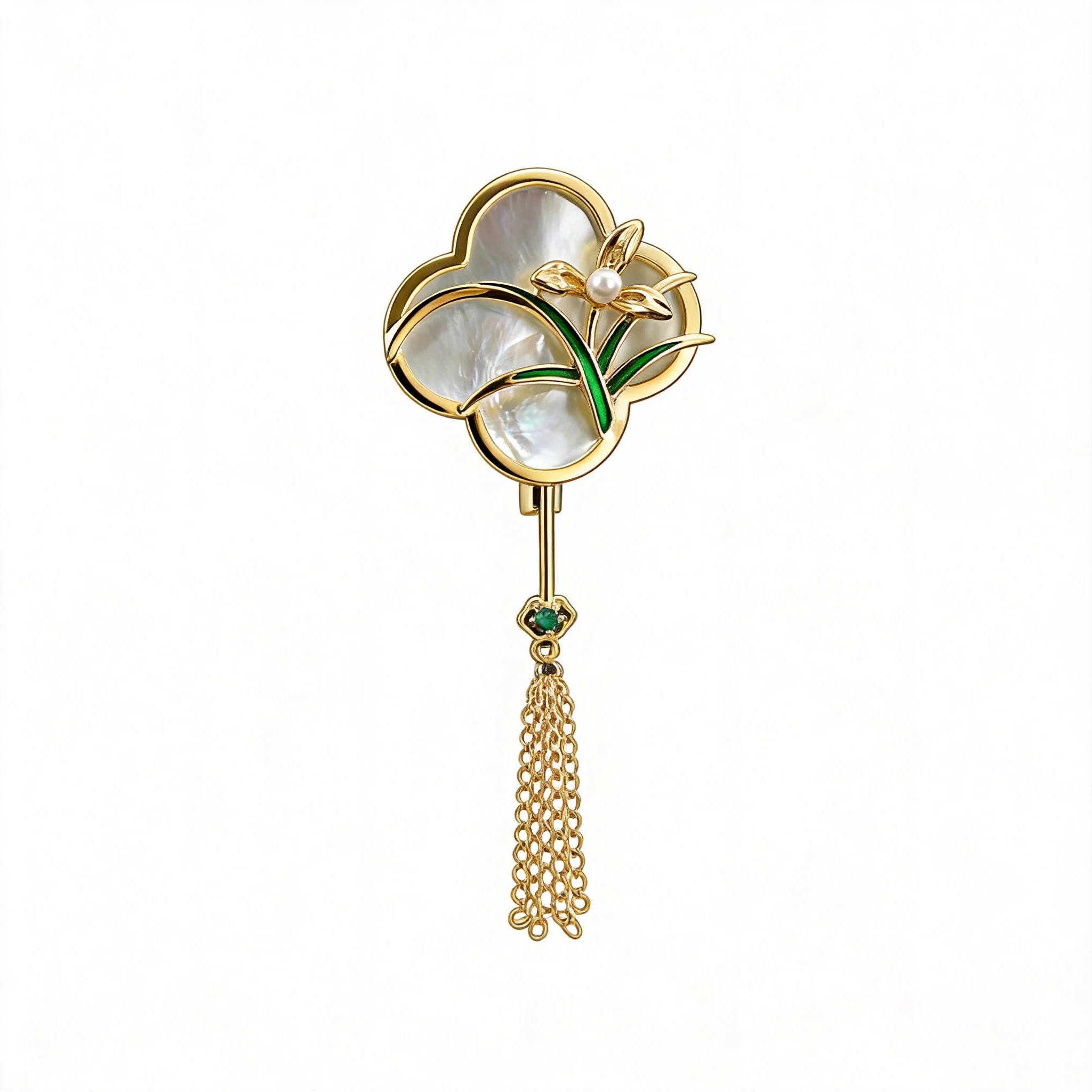 

Chinese Style Auspicious Magnolia Fan Brooch Natural Mother Of Pearl Freshwater Pearl Tassel Vintage Luxury Good Luck Fortune