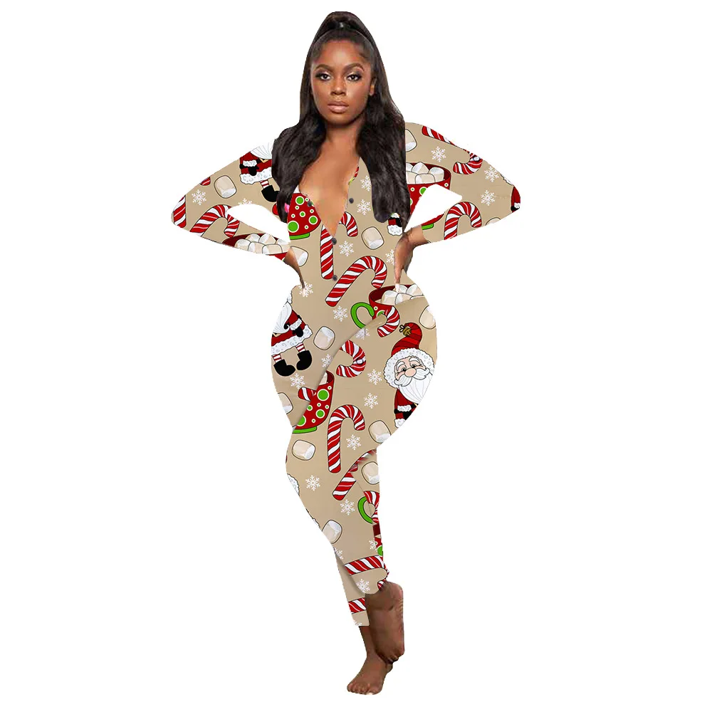 Cute Christmas Design Women Printing Jumpsuit Pajamas Sexy Deep V-Neck Romper Teen Girls Sexy Bodysuit Adult Nightgown Onesies