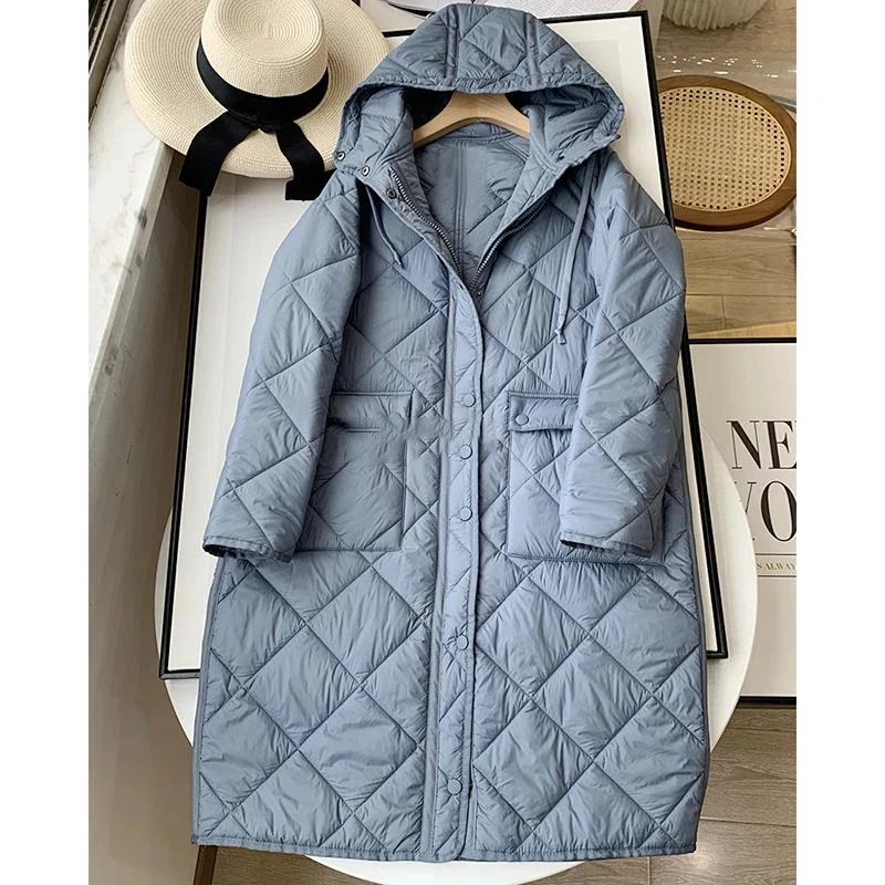 2024 New Autumn Winter Woman Blue Parka Female Casual Mid-length Long Sleeves Jacket Oversize Long Hooded Coat Solid Outerwear