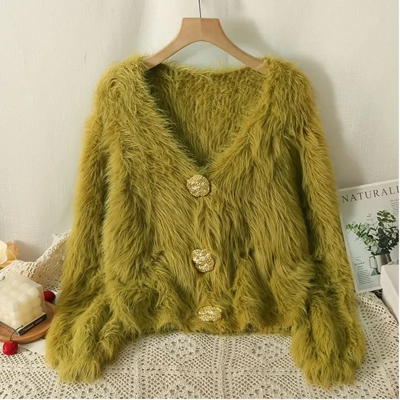 

V-neck Imitation Mink Sweater Jacket for Women's Fashionable Loose Lazy Style Knitted Top