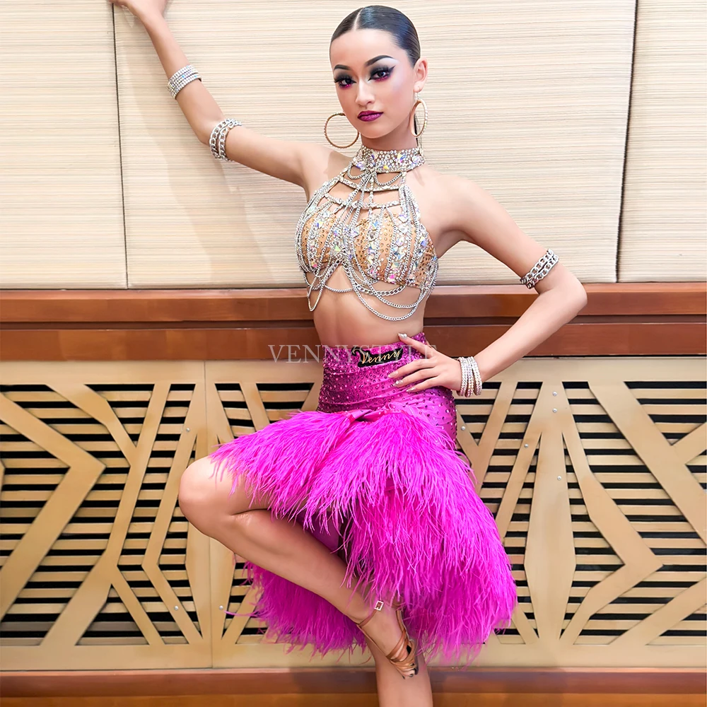 

Vennystyle Latin Dance Dress Feather Rhinestone Design Elegant Salsa Performance Costume for Women Competition