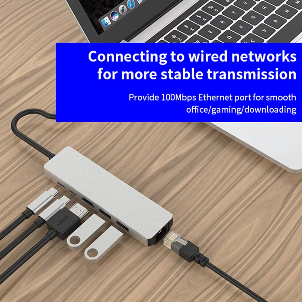 6 In 1 USB C Docking Station Multiport Hub 4K@30Hz HDMI USB3.0 5Gbps Data Transfer 100W PD Fast Charging Type C Expansion Dock