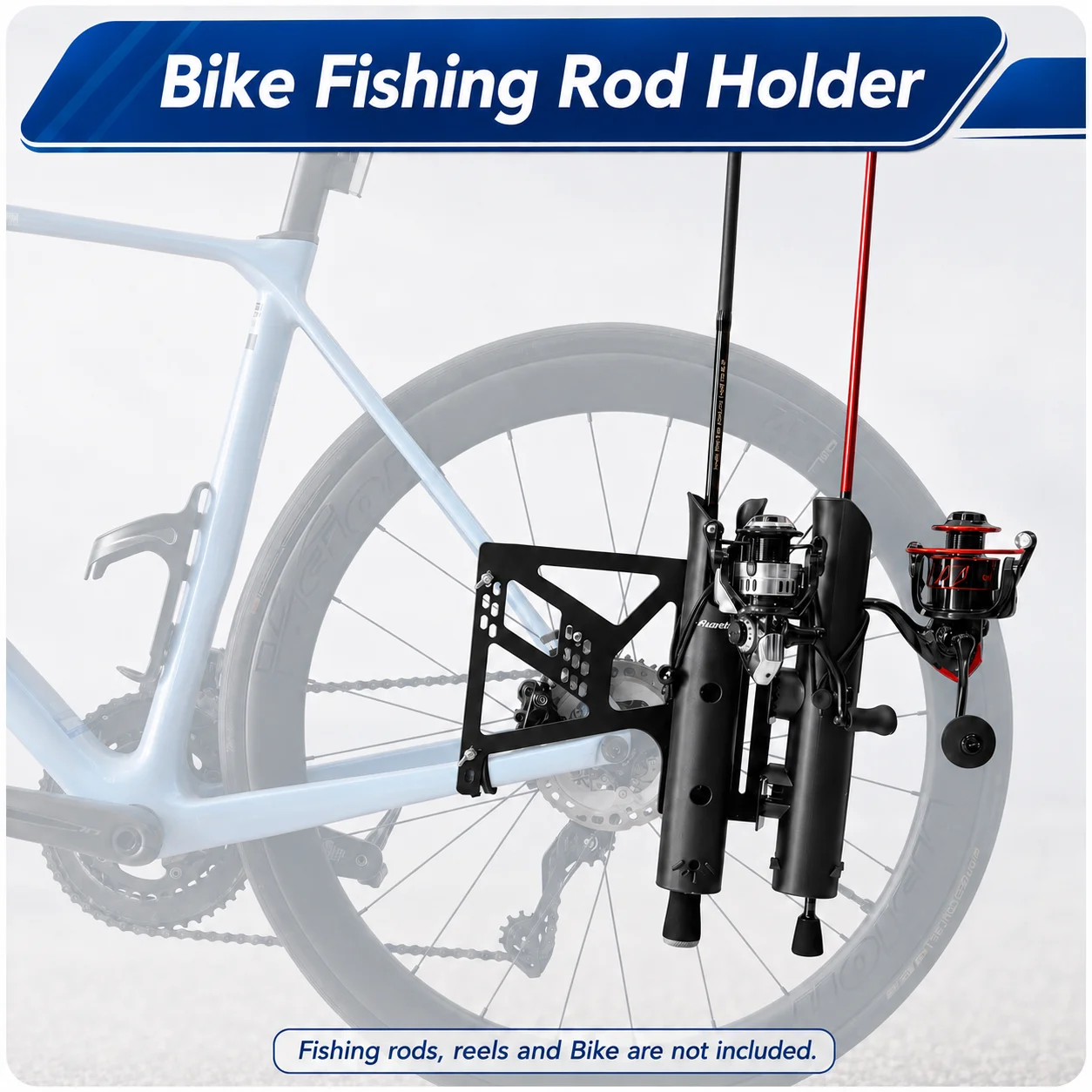 自転車釣り竿ホルダー-自転車に取り付ける釣り竿ラック-abs製ロッドホルダー2個付き、鉄製パネル弾性ストラップ-調節可能なパイプクランプ