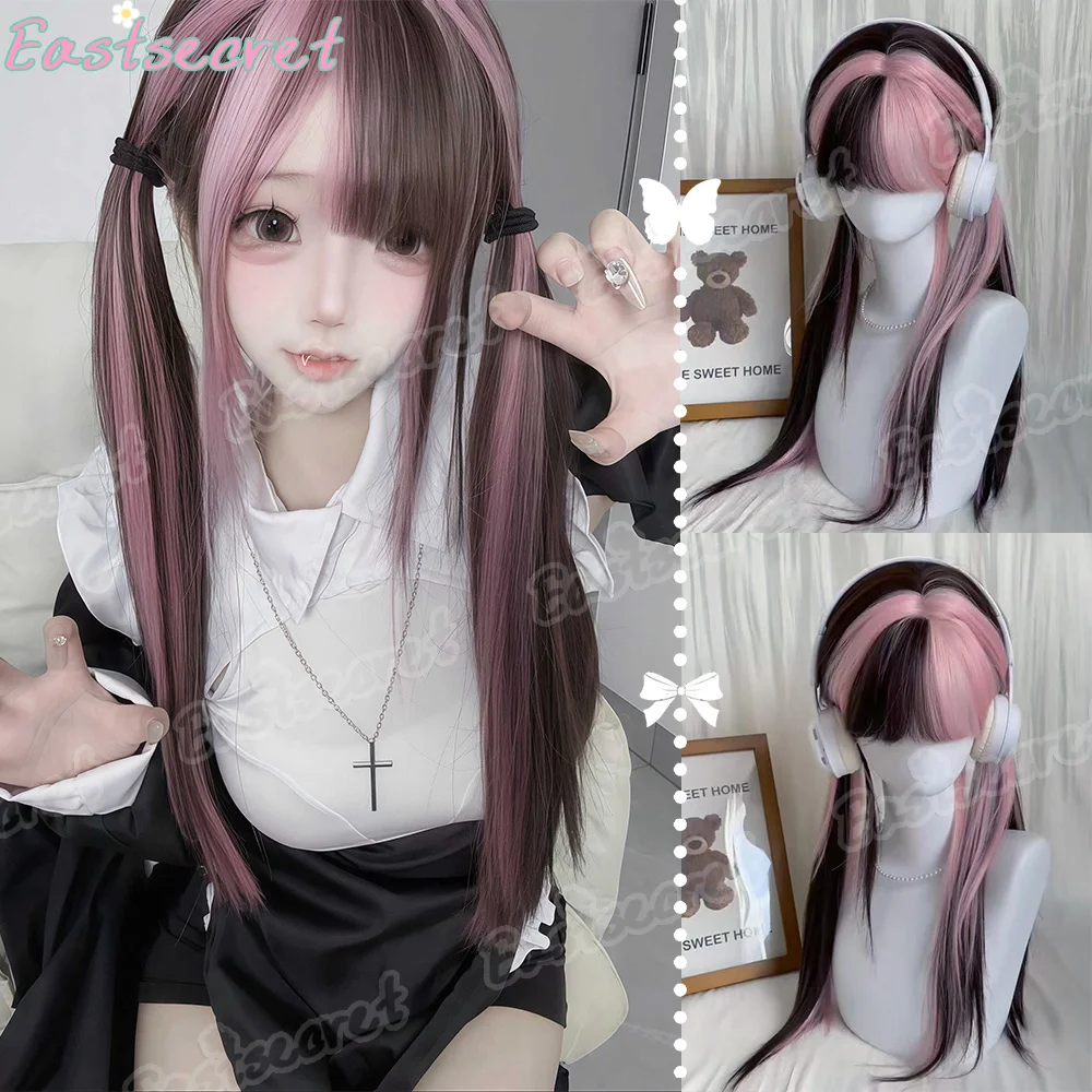 

Cosplay Wig With Bangs Synthetic Straight Hair Double ponytail wig Heat-Resistant chocolate color highlight Pink Wig For Women
