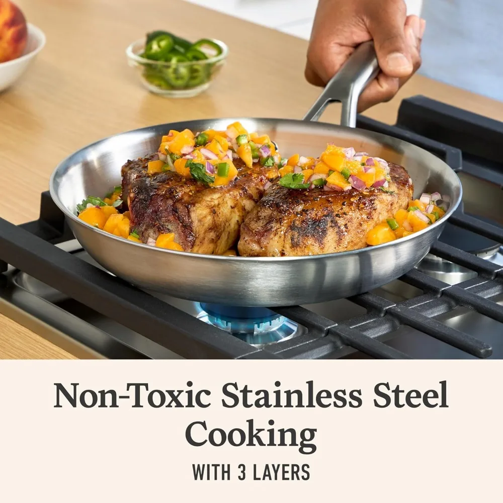 

10-дюймовая сковорода из нержавеющей стали с быстрым нагревом, даже приготовление пищи и в духовке, безопасная для домашних повара