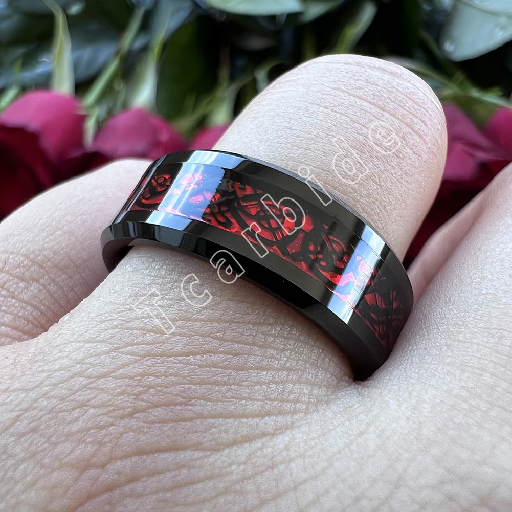 8MM Black Mens Womens Tungsten Carbide Engagement Wedding Ring With Red Opal Dragon Inlay Superior Gift Jewelry Comfort Fit