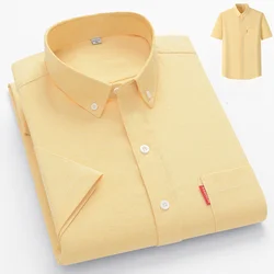 100% Cotton Basic Shirt for Men Short Sleeve Summer Casual Solid Business Oxford Yellow White Regular Fit Social Man Clothing