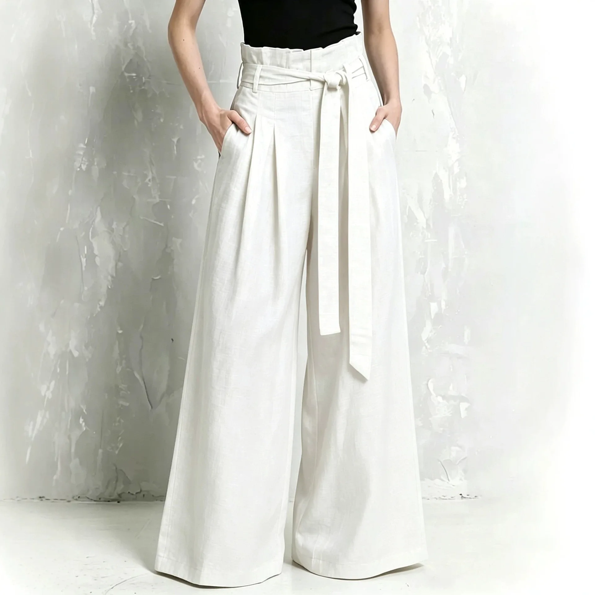 High-waisted Cotton And Lines Wide-leg Pants. For Women, Featuring A Floral. Pattern, Pleated Design, Tie Belt Flowing Party