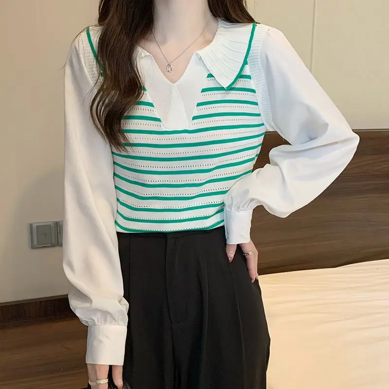 Spring Autumn Elegant Fashion Fake Two Pieces Tshirt Women Clothing Sweet Turn-down Collar Long Sleeve Top Striped Knit Pullover