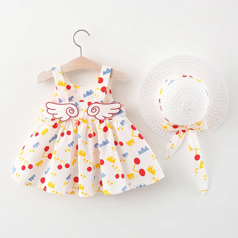 

Baby Girl Dress Summer Cotton Solid Color Cartoon Wings Strapless Girls Dresses Cute Casual Beach Baby Girl Clothing With Hat