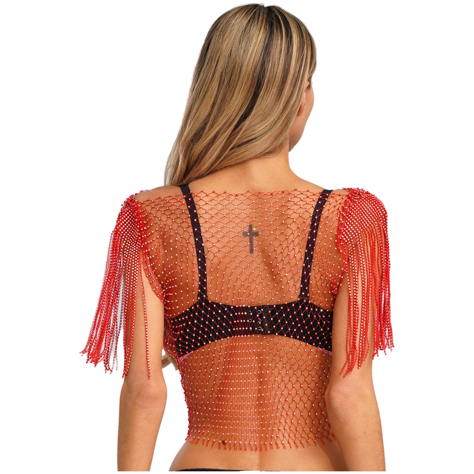Womens Shiny Diamond Hollow-out Visnet Tops Sexy Fashion Fringe Shirt Top Nachtclub Muziekfestival Rave Party Danskostuum