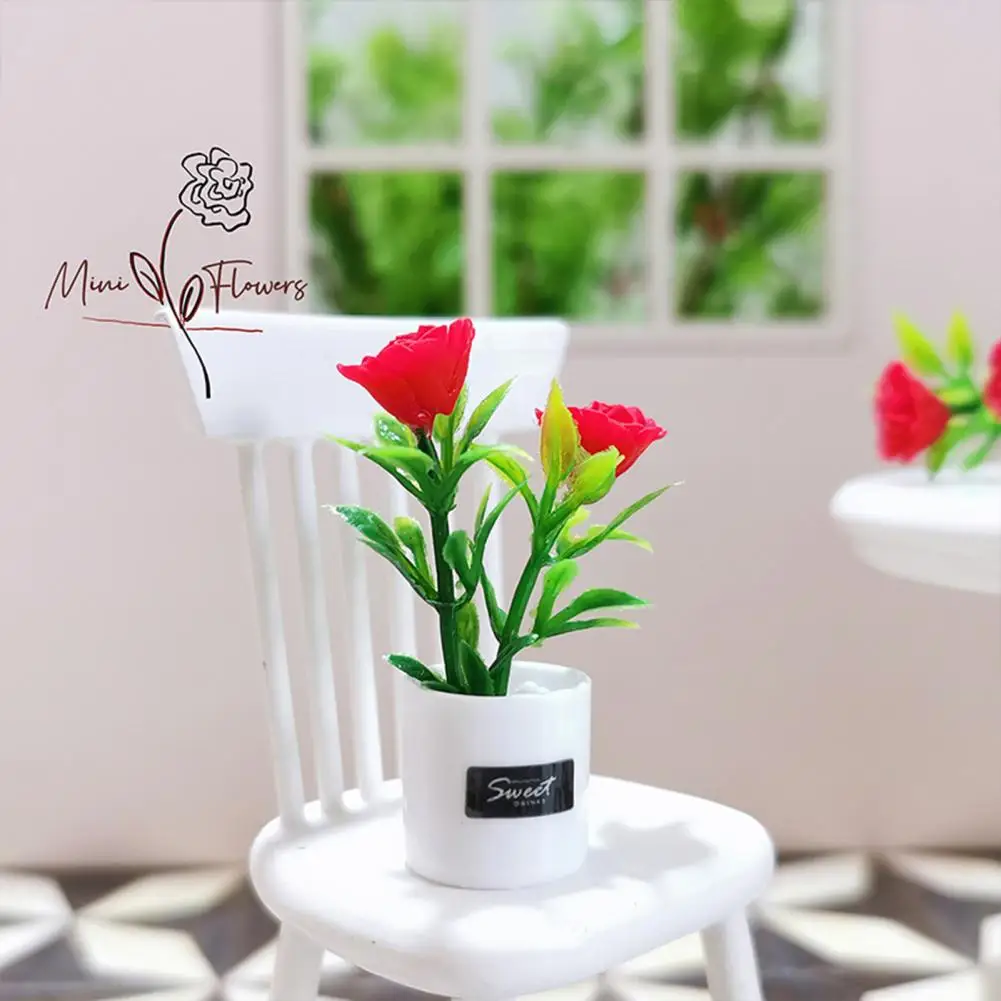 Dollhouse Potted Plant Miniature Rose Flower Pot Realistic Shape Plant Model Interior Ornament for 1/6 1/12 Scale