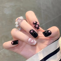 24Pcs Spice Girls Sweet Cool Wearable False Nails Art Pink Love Crash Black Purple Checkerboard Temperament Press on Nail Tips