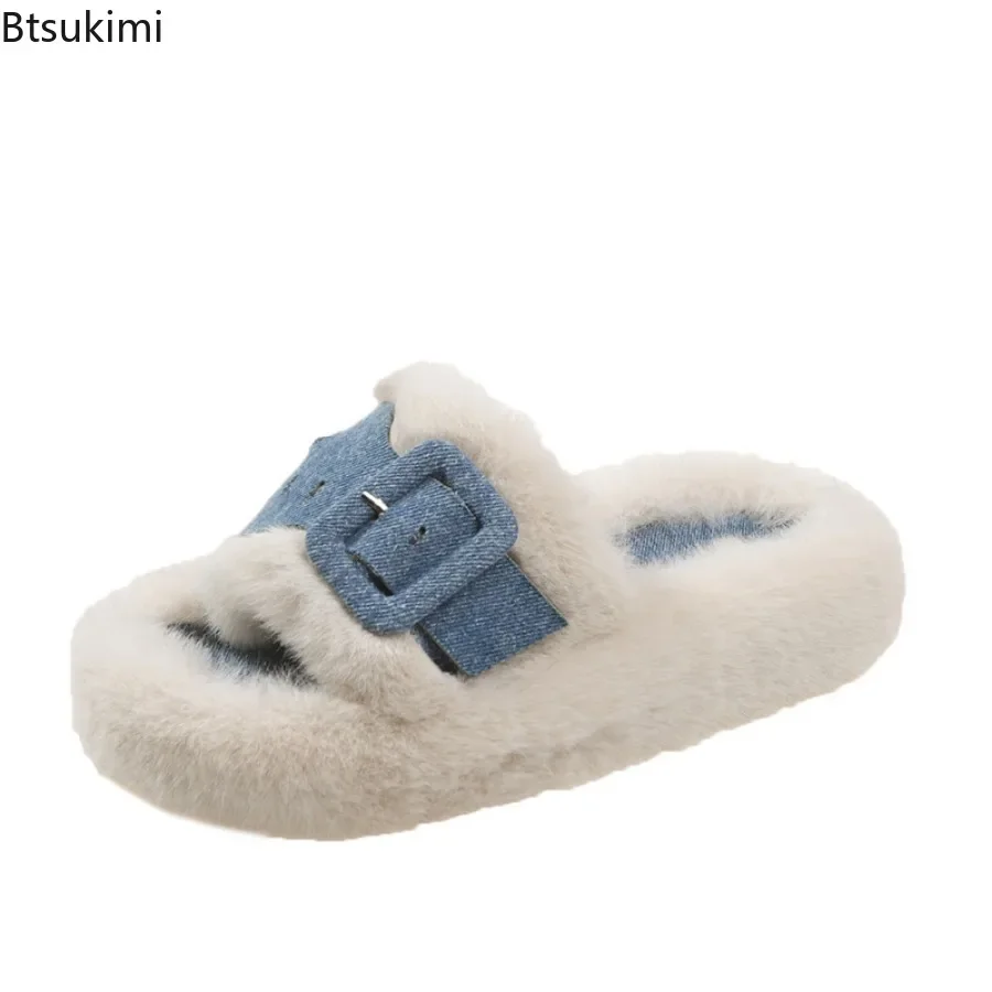 2024 Thick Soled Plush Slippers for Women Outerwear Autumn Winter Warm Casual Flat Shoes Slippers Female Fur Flip Flops Slippers