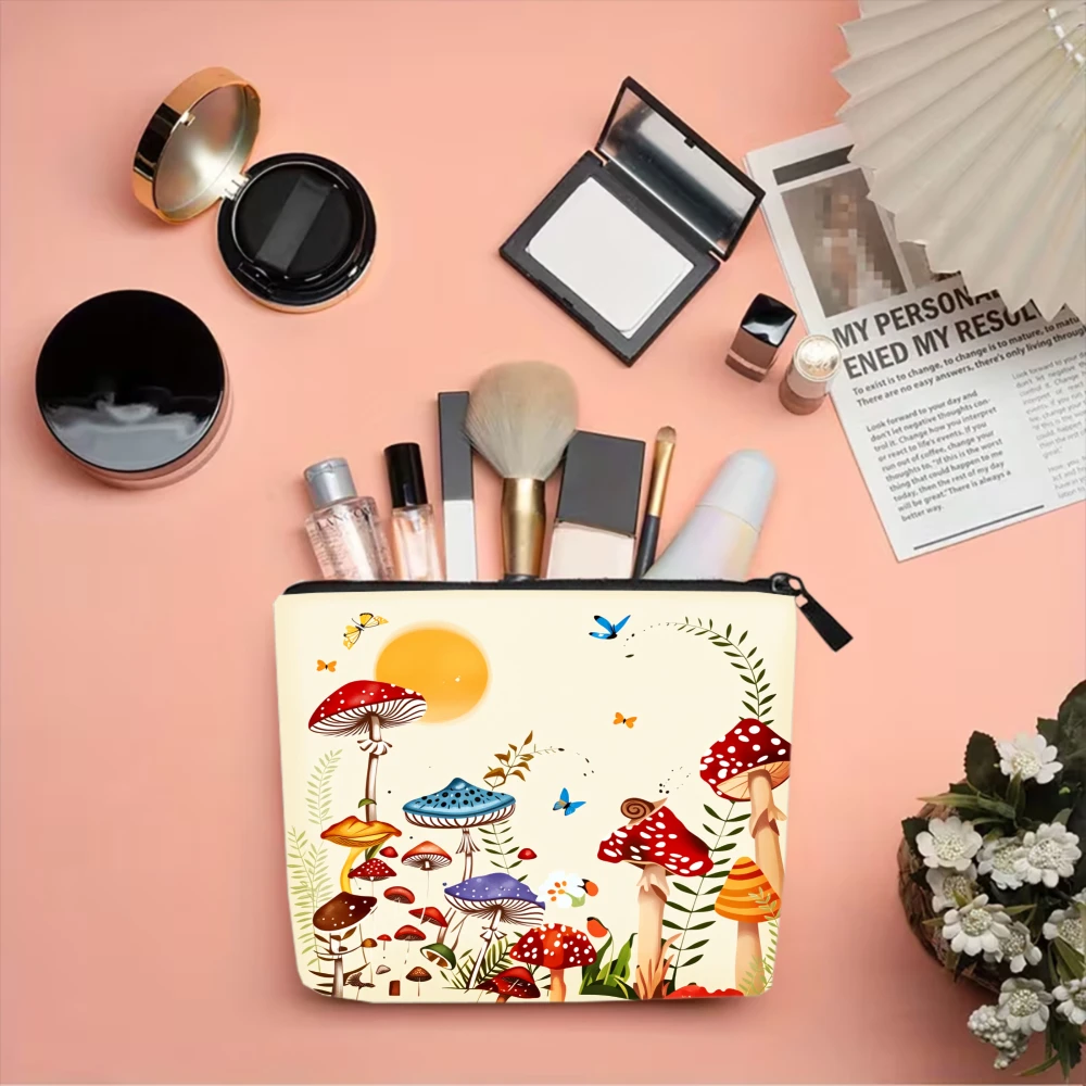 Mushroom Forest Sun Butterflies Leaves Makeup Bags for Girls Cosmetic Pouch Toiletry Bag Pencil Case Travel Storage view 4