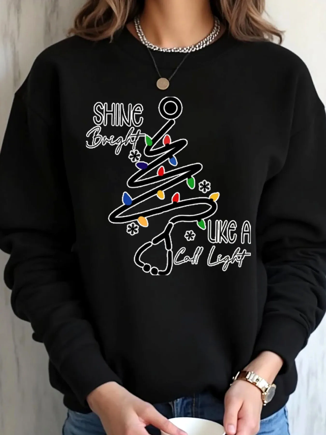 Women Oversized Sweatshirt Christmas Tree With Lights And Text Shine Bright Like A Call Light Outdoor Wear