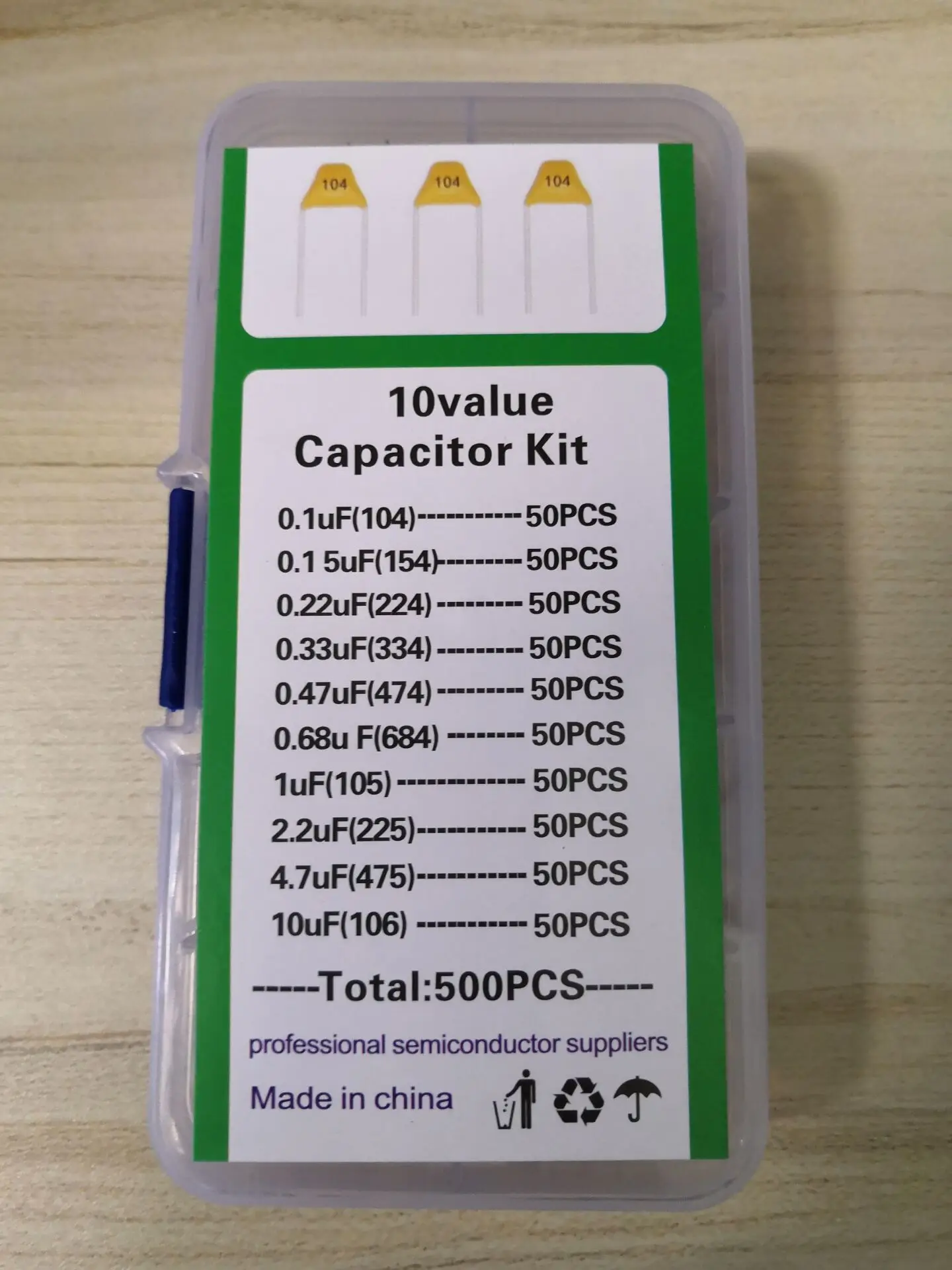 1box Monolithic Capacitor Kit 10Value*50pcs=500 104/154/223/334/474/684/105/225/475/106  0.15 0.22 0.33 0.47 0.68 1 2.2 4.7 10uf