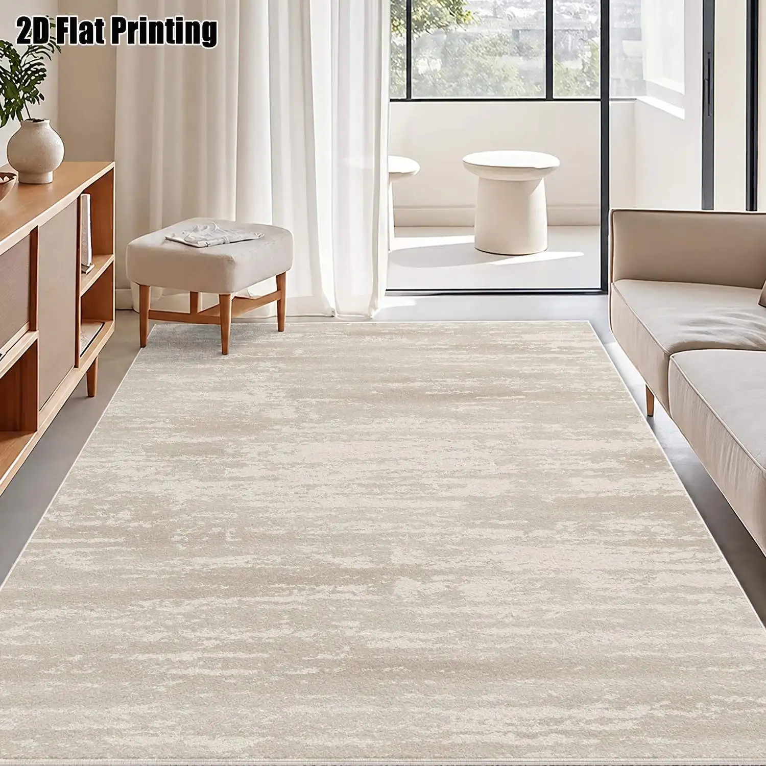 1Pc 2D Printed Velvet Carpet, Beige Abstract Texture Nordic/Instagram Style, Modern Minimalist Vintage Geometric Striped Floor Mat, Machine Washable, Multi-Size for Home Decor: Entryway, Dining Room, Foyer, Living Room, Bedroom, Study.