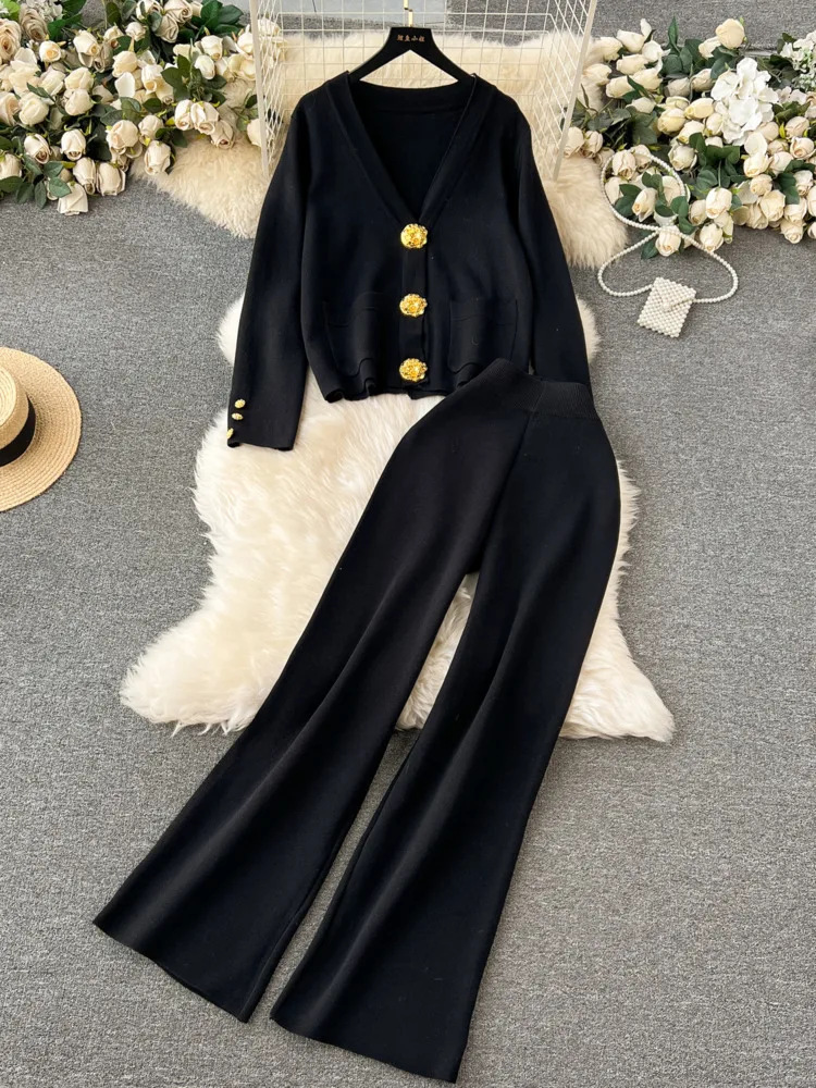 Fashion Knitted Women Suits Single Breasted Gold Button V Neck Cardigan+Wide Legs Long Pants Autumn Winter Loose Sweater Sets