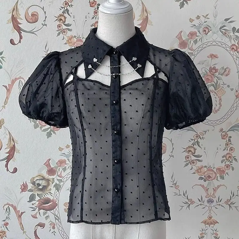 

Готическая Лолита Y2k Блузка с коротким рукавом в стиле панк в горошек Сетчатая блузка Корейская мода Тонкие кавайные милые топы Женский шикарный дизайн