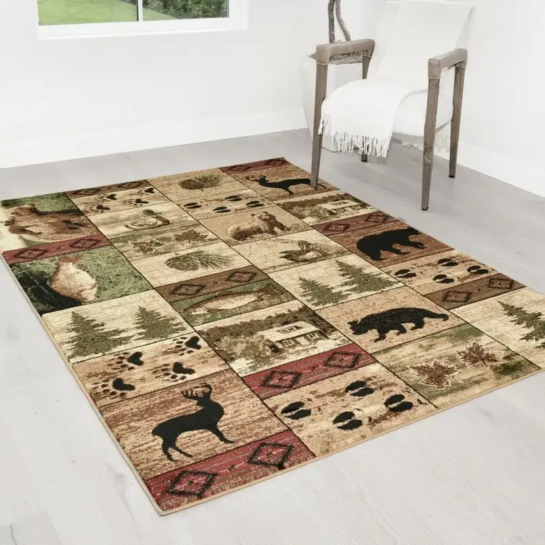 Lodge Cabin Nature And Animals Soft Flannel Floor Rugs Geometric Design Fish Moose Bear Southwestern Tribal Patchwork Carpet