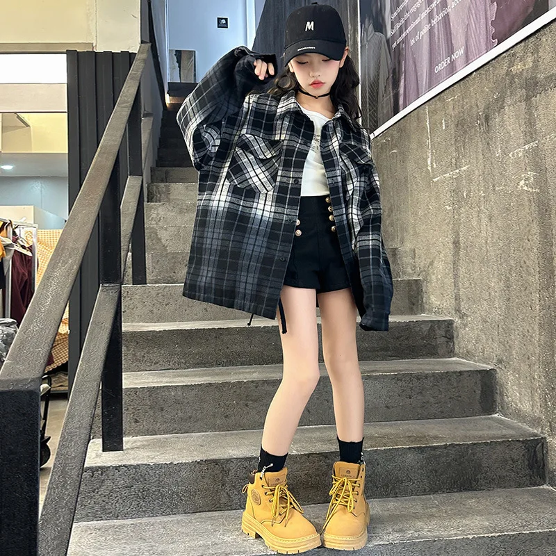 

School Girls Autumn T-shirt Teenager Girls Gradient Color Turn Down Collar Top Junior Girls Plaid Pocket Single-breasted Shirt