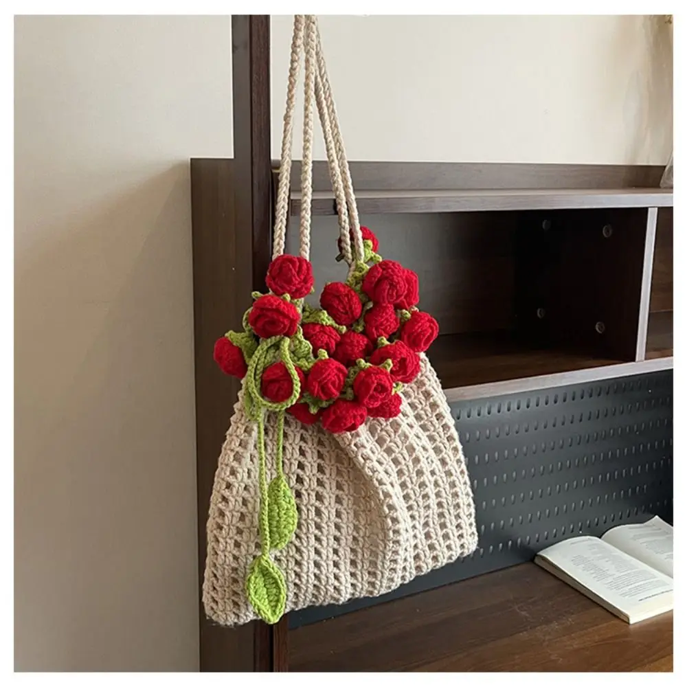 보헤미안 로즈 부케 위브 백 크로셰 뜨개질 꽃무늬 숄더백 로맨틱 코튼 로프 로즈 비치 버킷백