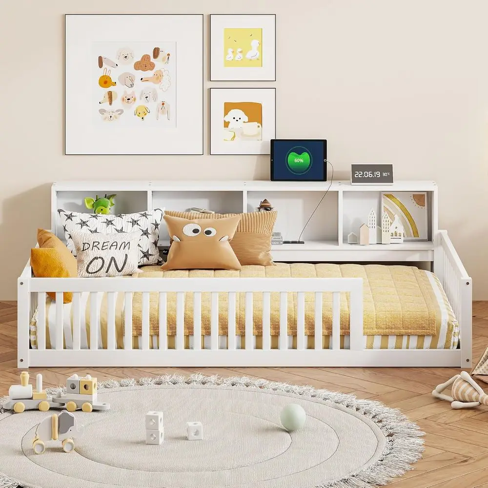 

Twin XL Daybed with Storage, Bookcase, USB Ports, White Wood Floor Bed with Storage Cabinet & Charging Station for Kids and Teen