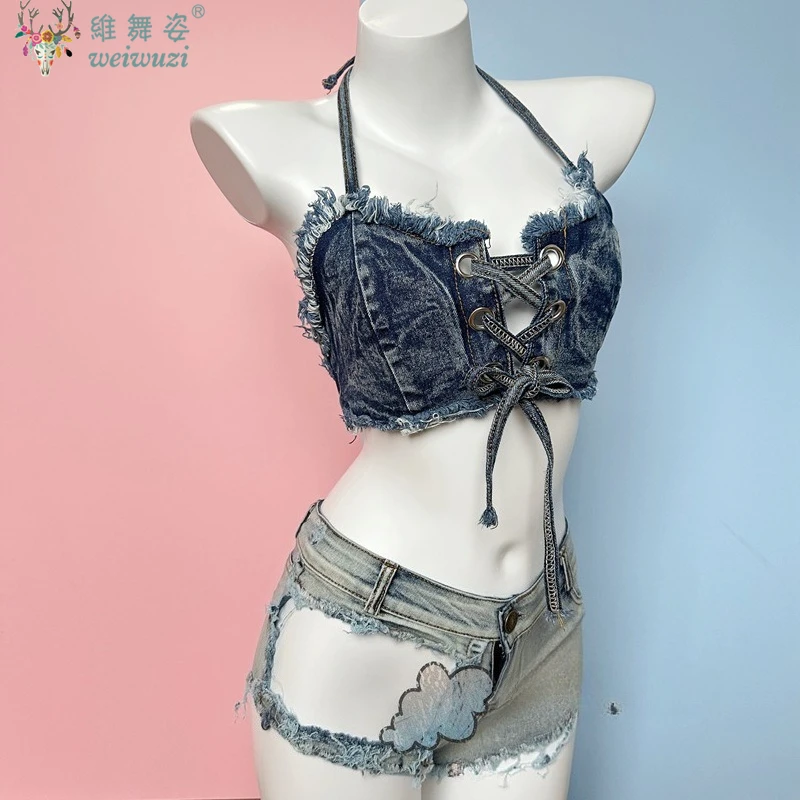 Conjuntos de Bikini vaquero con cordones para mujer, pantalones cortos vaqueros nuevos, traje de baño, Top de vaquero, juego en la playa, Bar, club nocturno, DJ, baile en barra, uniforme DS